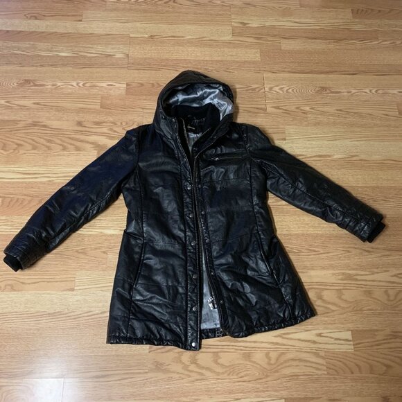 Danier Black Leather Winter Coat Size M-L - Picture 1 of 4